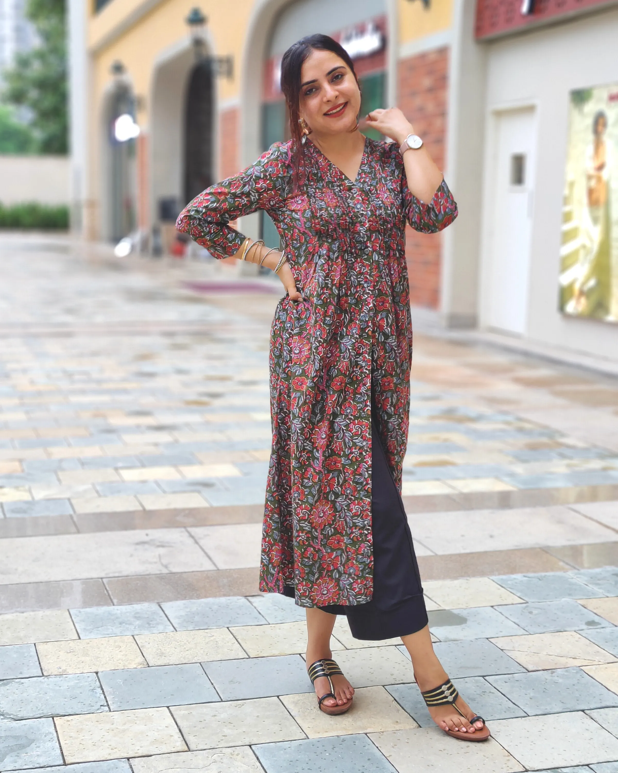 Olive Green Floral Printed Pintuck Kurta