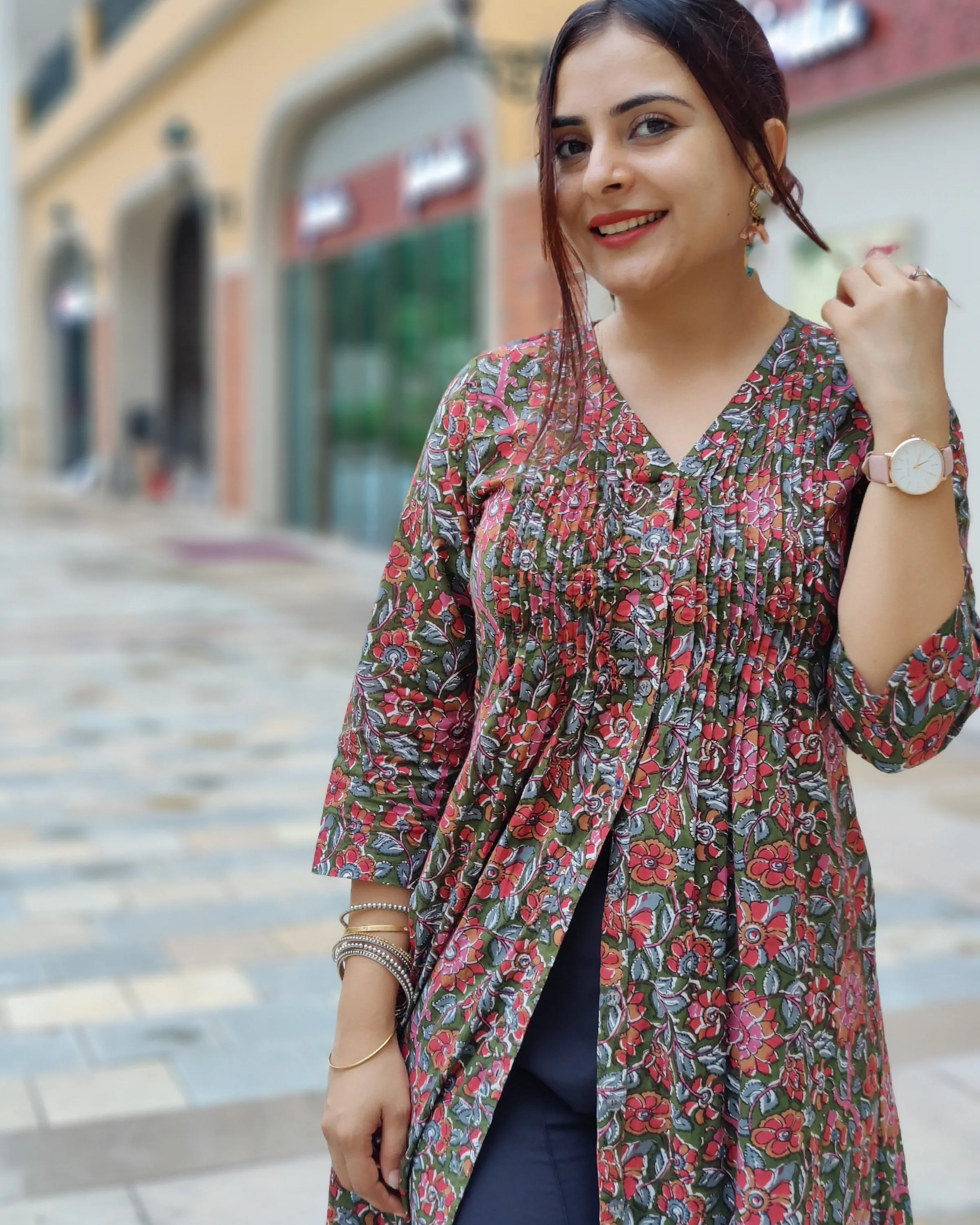 Olive Green Floral Printed Pintuck Kurta