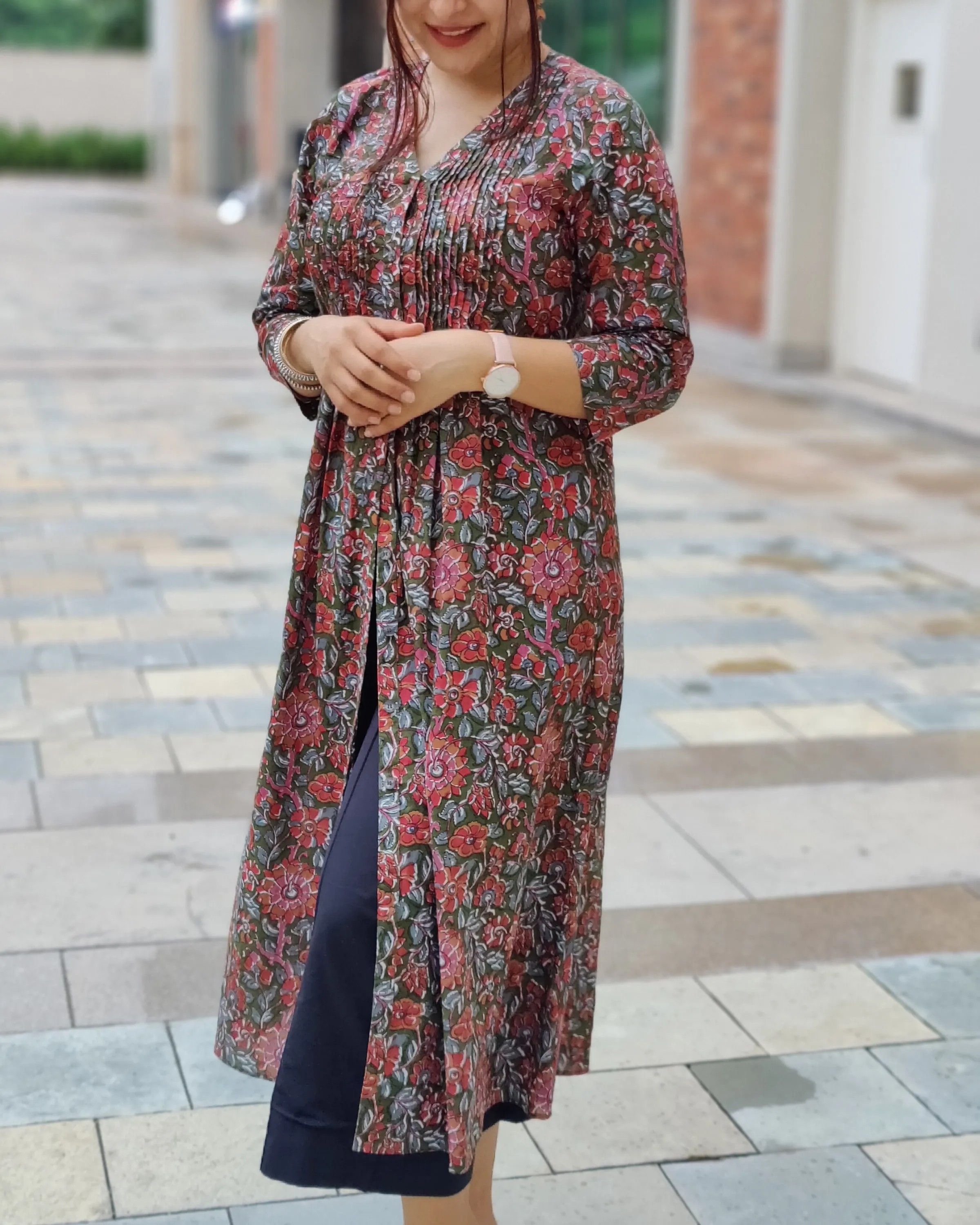 Olive Green Floral Printed Pintuck Kurta