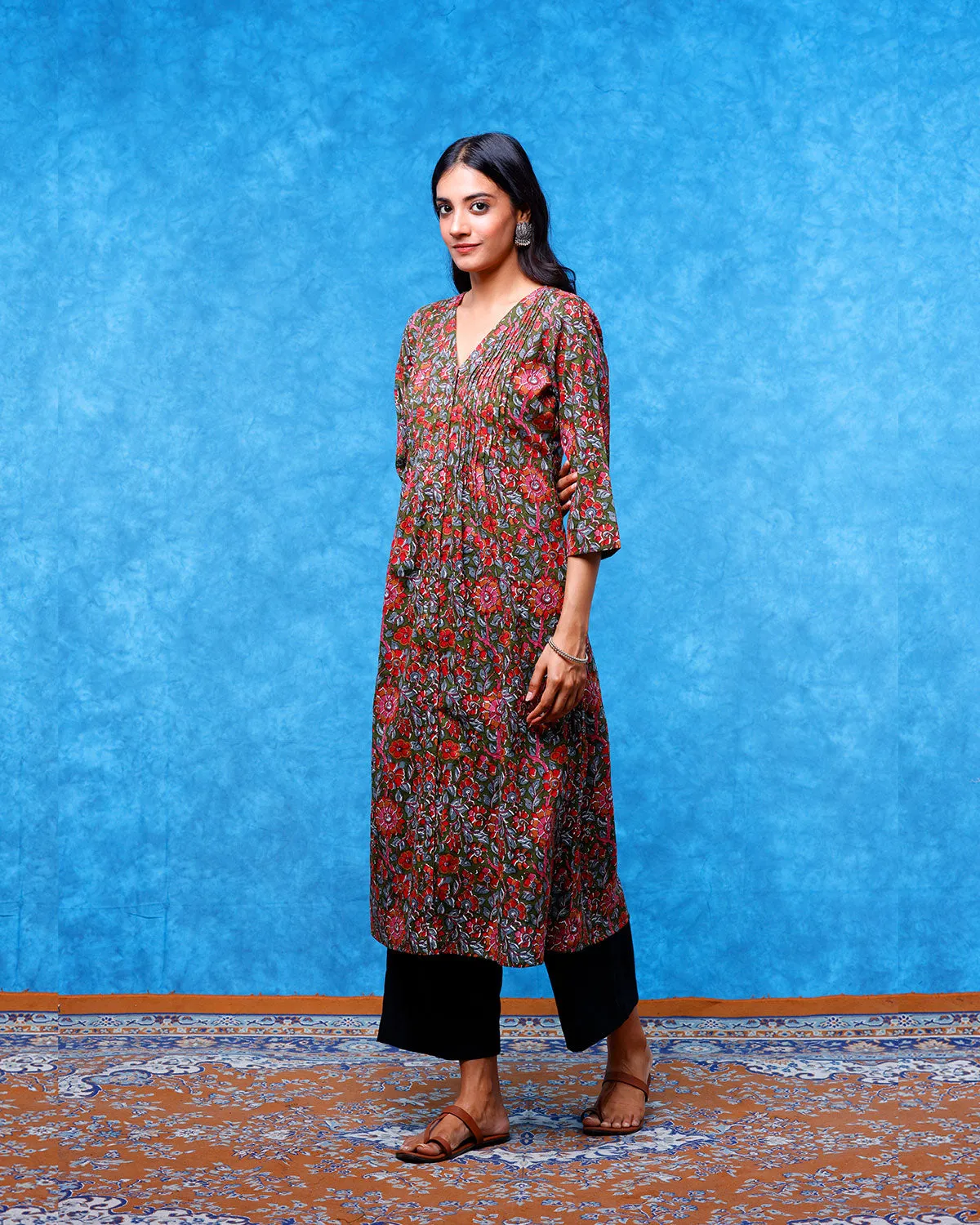 Olive Green Floral Printed Pintuck Kurta