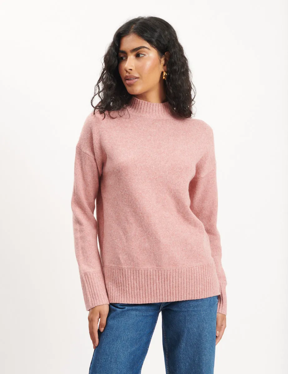 Pink Funnel Neck Longline Knitted Jumper