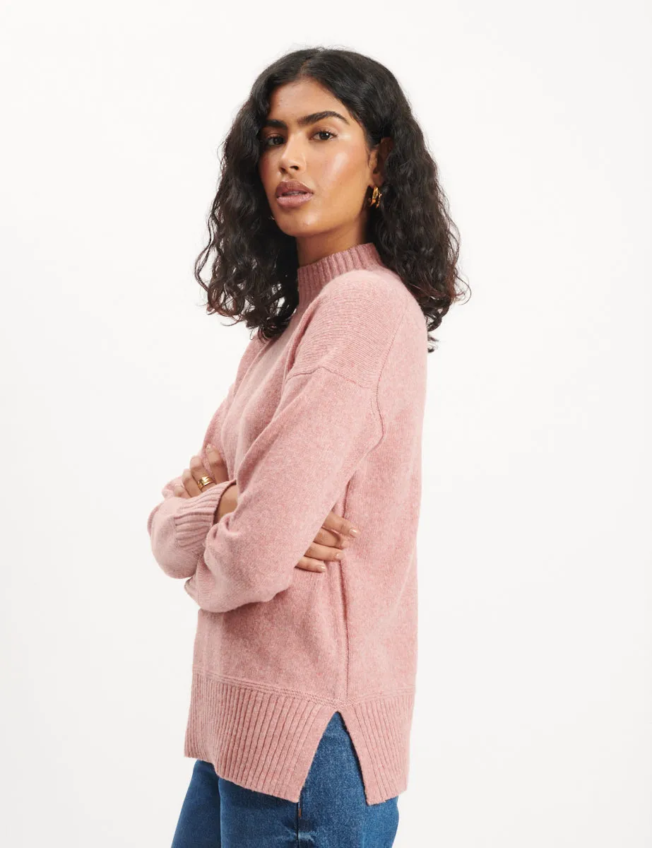 Pink Funnel Neck Longline Knitted Jumper