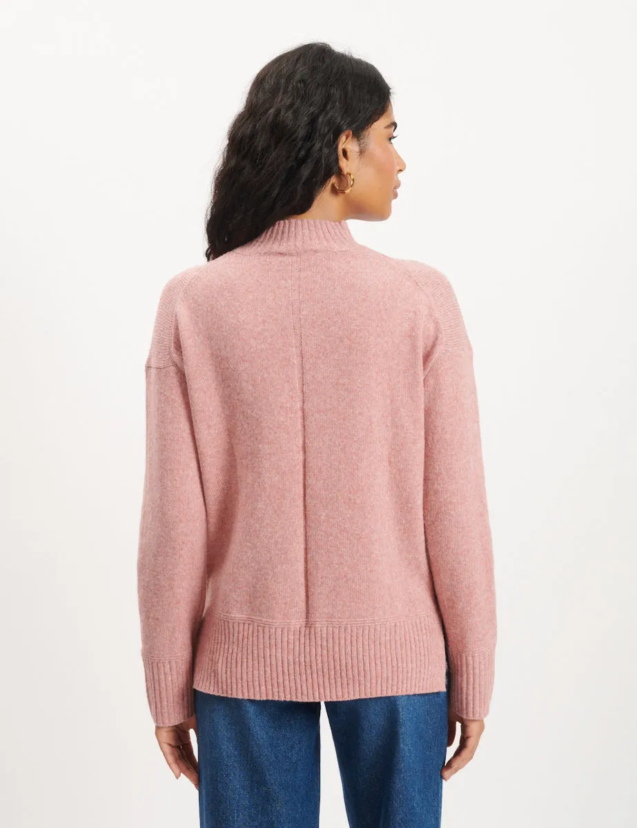 Pink Funnel Neck Longline Knitted Jumper