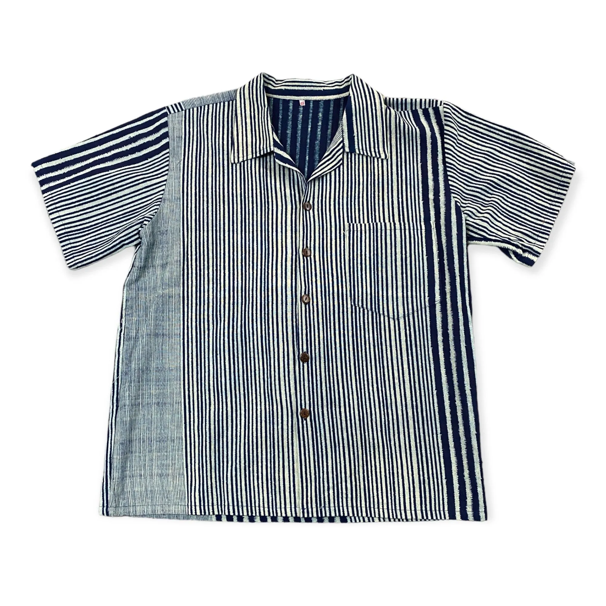 Short Sleeve Open Collar Shirt - Indigo Stripe