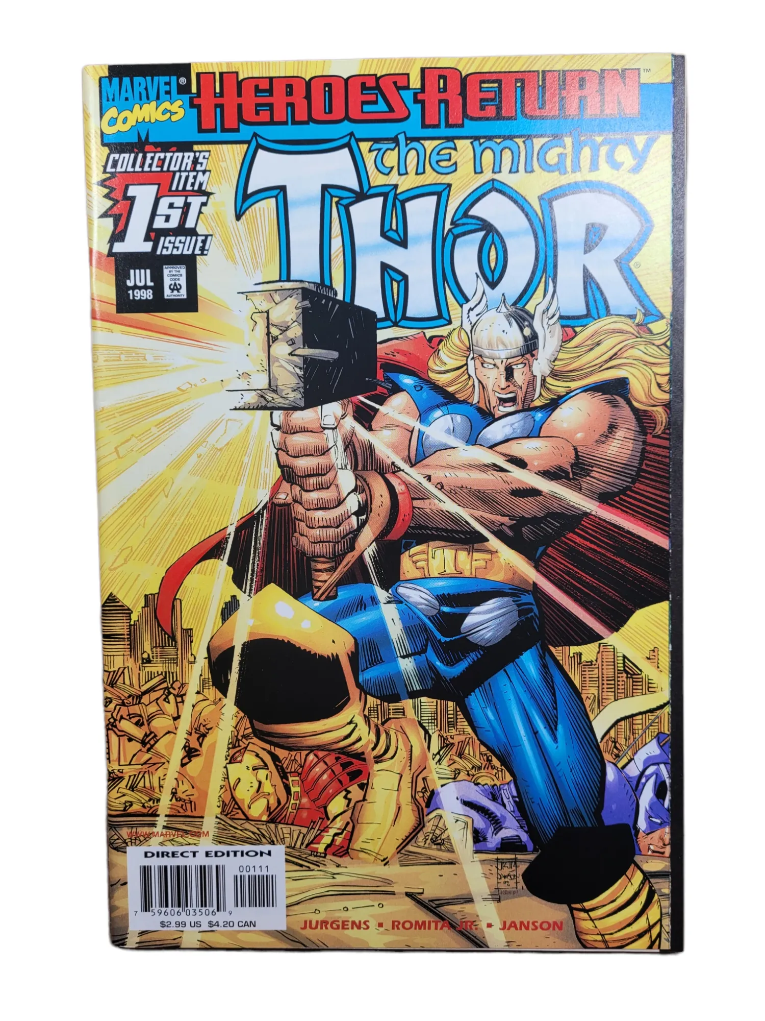 The Mighty THOR #1 & #1 sunburst variant~Heroes Return~Jurgens, Romita~1998~NM