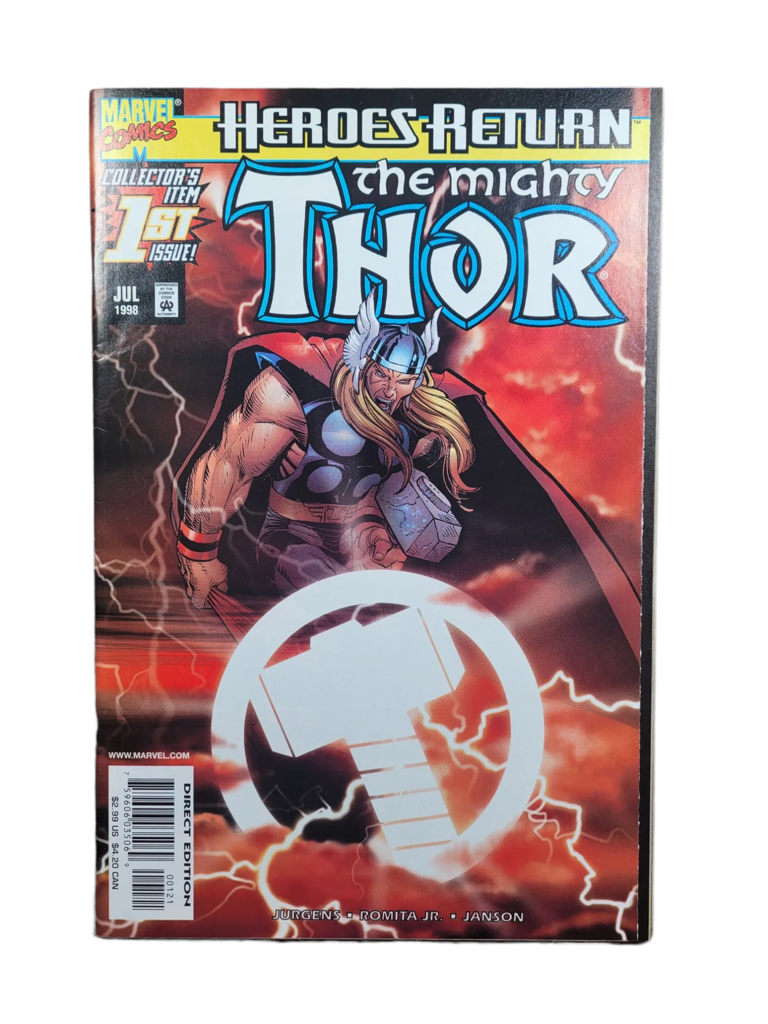 The Mighty THOR #1 & #1 sunburst variant~Heroes Return~Jurgens, Romita~1998~NM