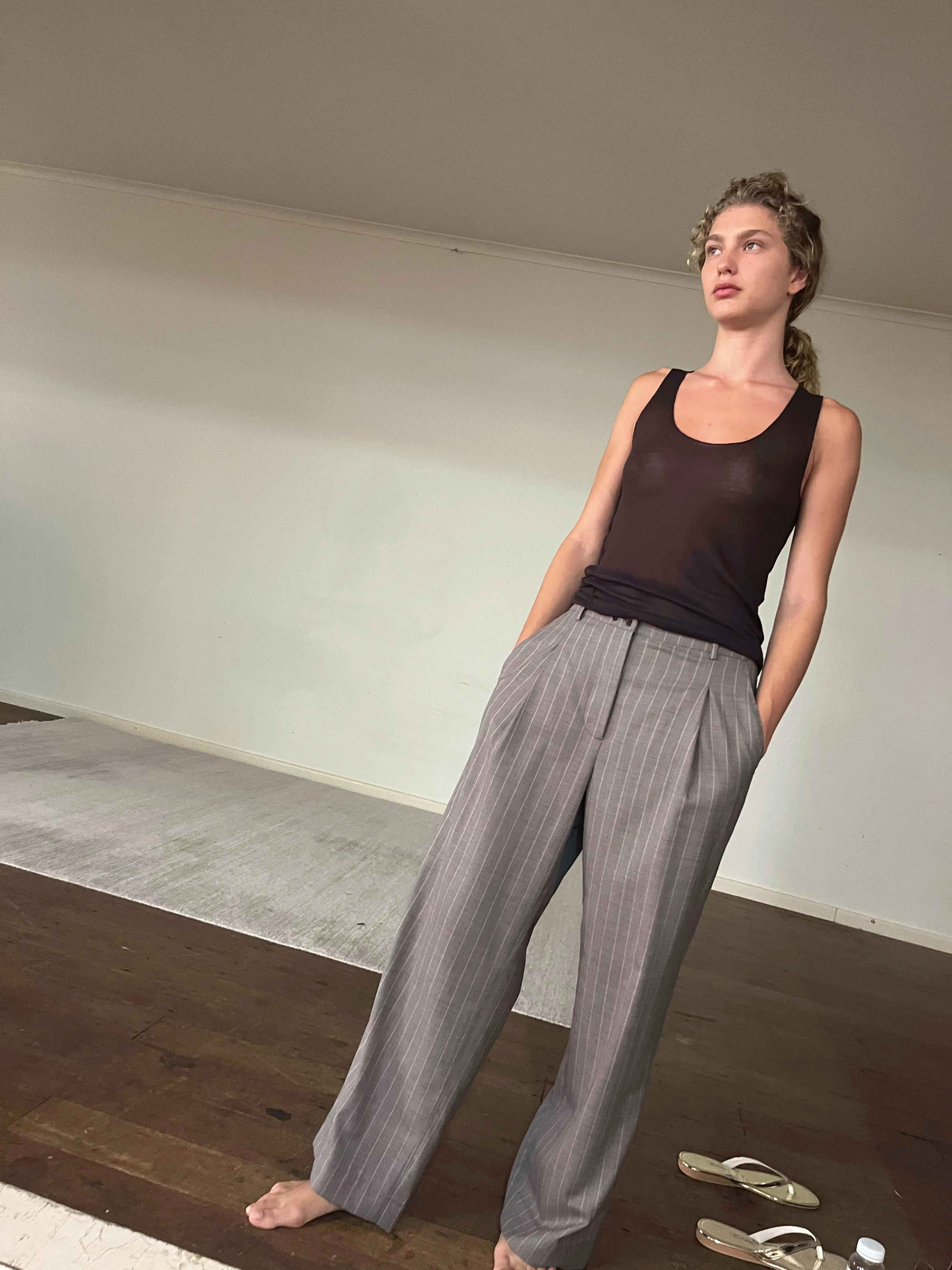 Twin Button Pant - Pinstripe Bark