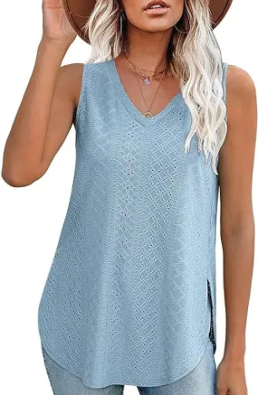 V-neck Eyelet Tank Light Blue