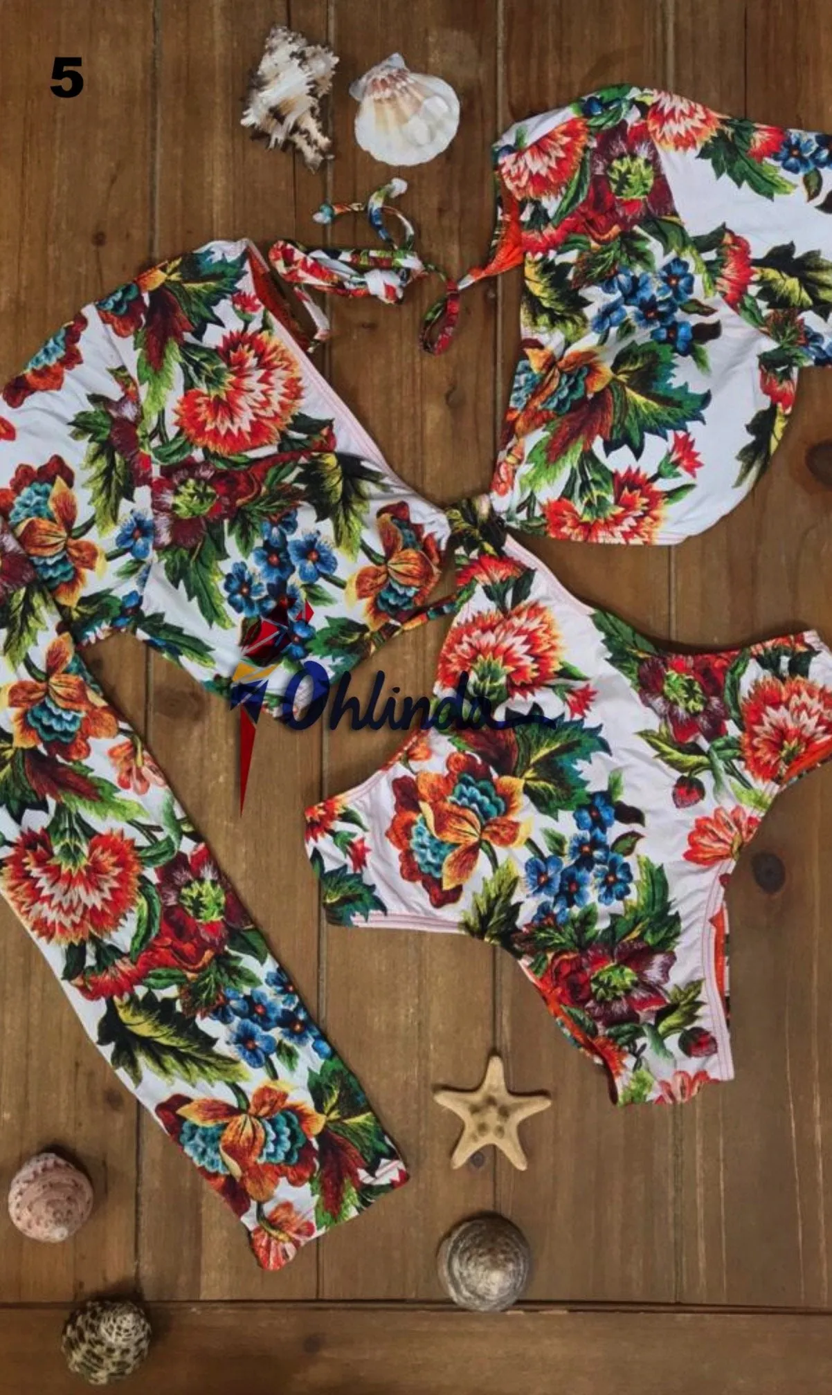 V-Neck Printed Long Sleeve Swimsuit