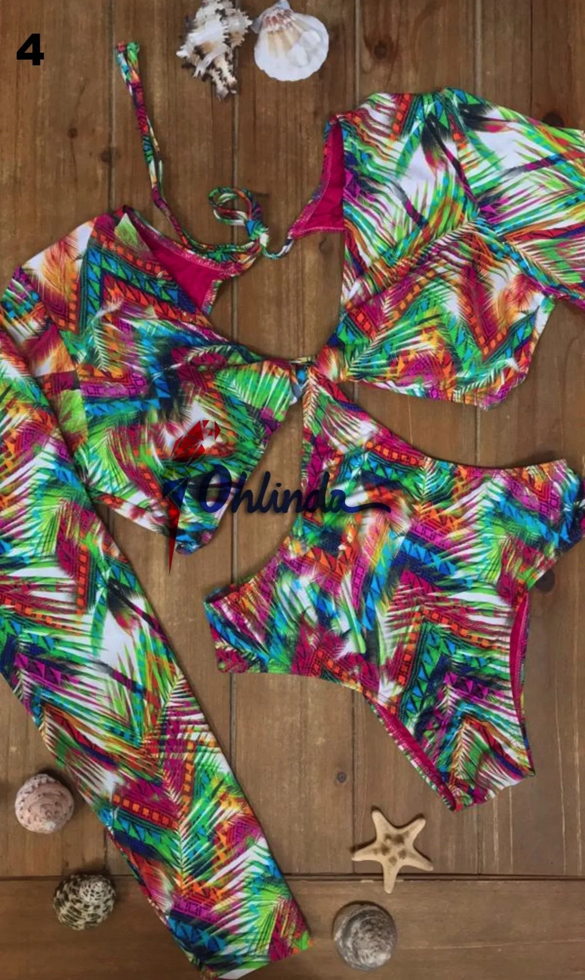 V-Neck Printed Long Sleeve Swimsuit