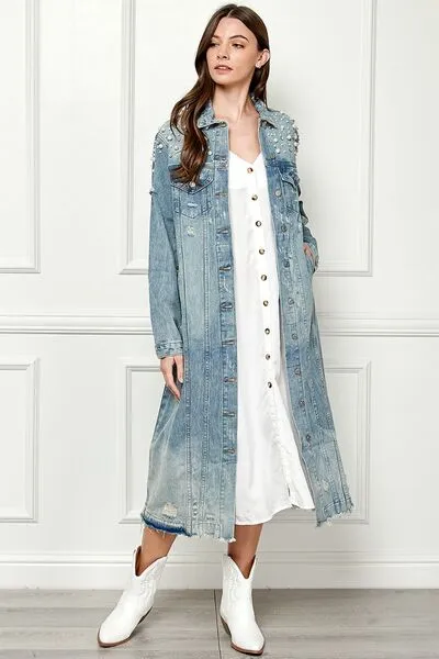 Veveret, Distressed Raw Hem Pearl Detail Button Up Jacket