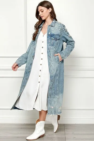 Veveret, Distressed Raw Hem Pearl Detail Button Up Jacket