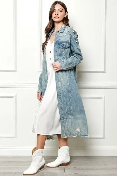 Veveret, Distressed Raw Hem Pearl Detail Button Up Jacket