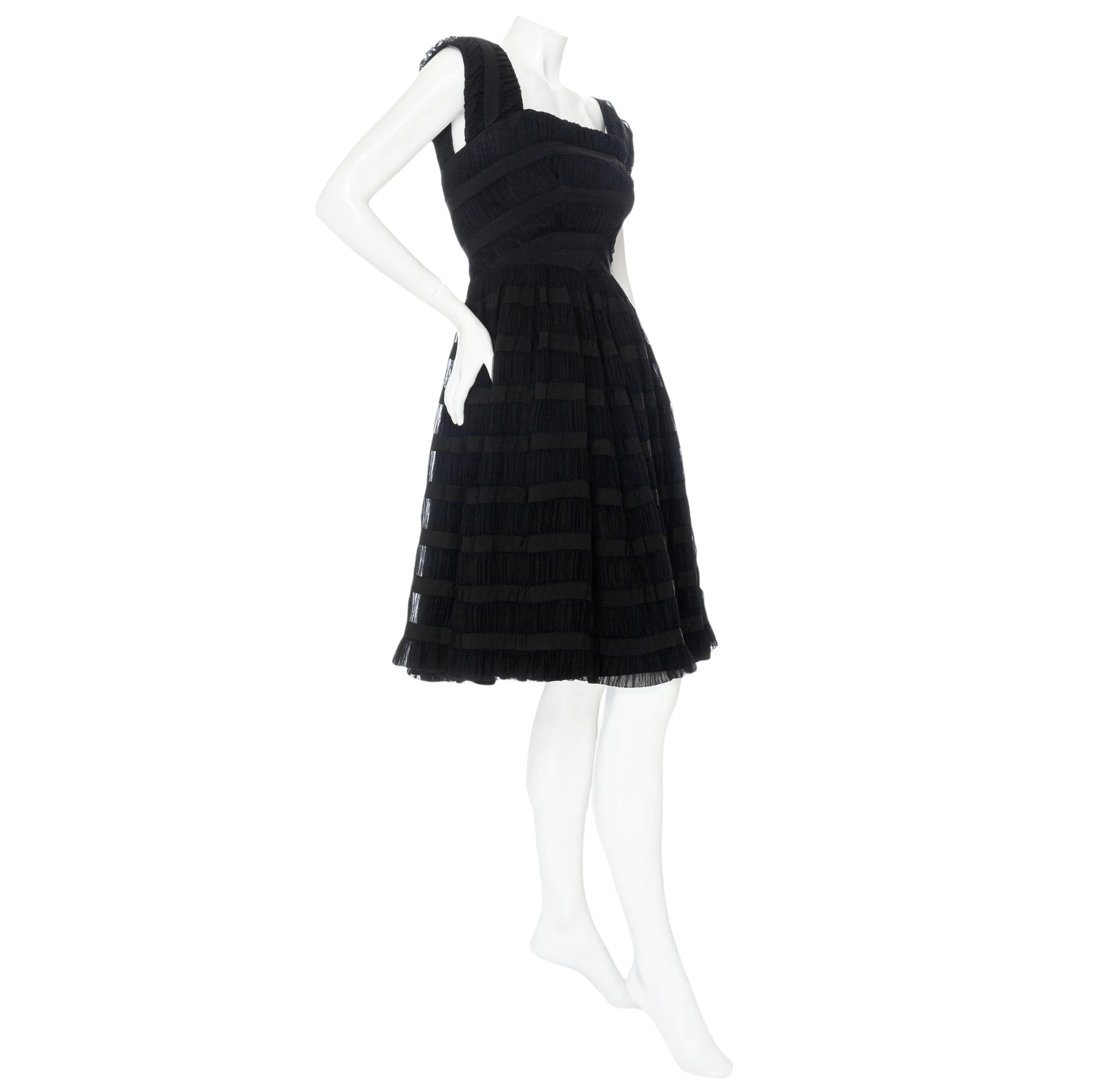 Vintage Black Silk Ruched Stripe Fit and Flare Cocktail Dress