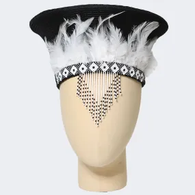 Zulu Basket Hat with Beading & Feathers - Black & White